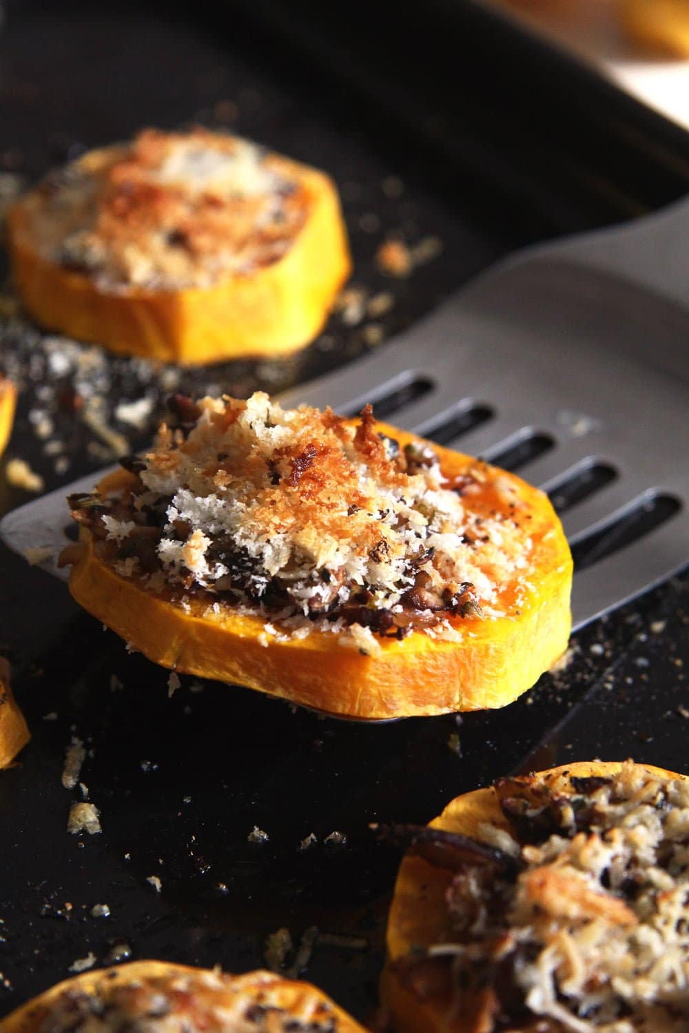 sliced squash baked with mushrooms and cheese