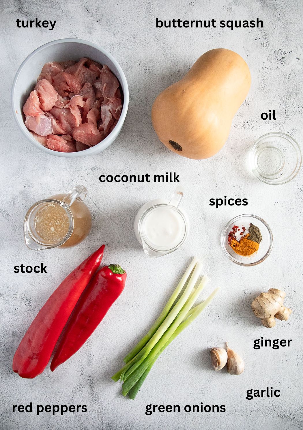listed ingredients for making curry with turkey meat, coconut milk, peppers and squash.