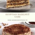 sliced hazelnut cake with buttercream on a plate