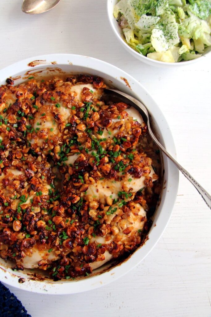 hazelnut chicken breast in a baking dish