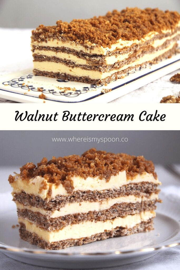 layered cake with buttercream and nuts on a platter