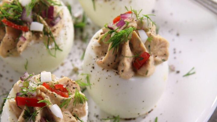 spicy eggs filled with tuna fish and capers.