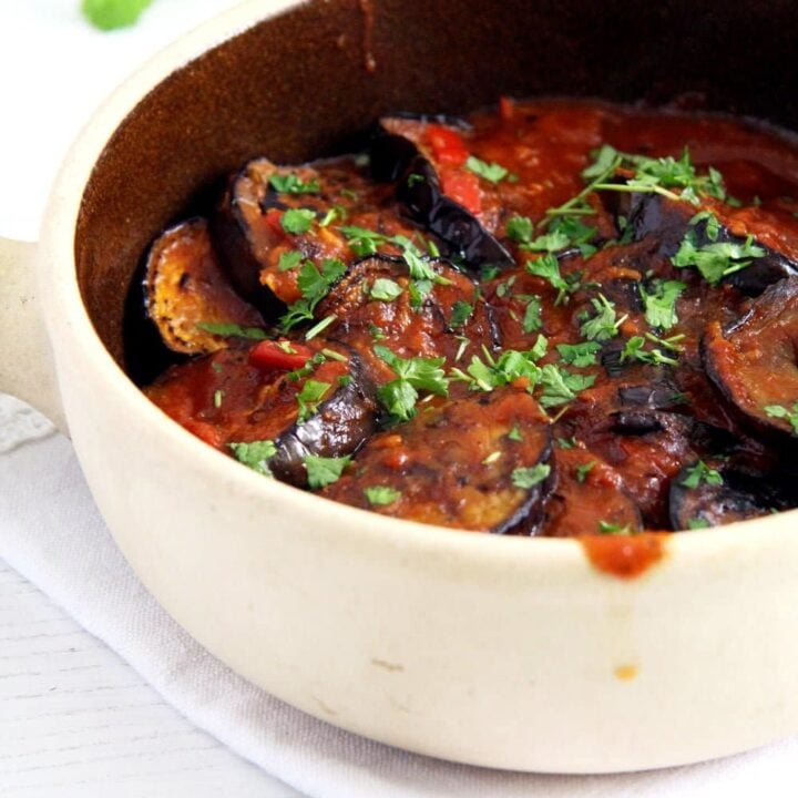 eggplant stew in a pale dish