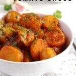 pinterest image with the title potatoes with tomato sauce.