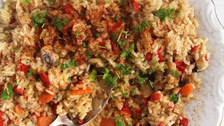 vegan romanian rice served with a silver spoon