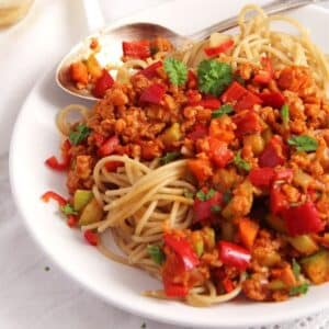 soya spaghetti with vegetables and soy granules tangled on a plate with a spoon in it.