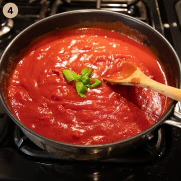 cooking marinara sauce in a large saucepan.