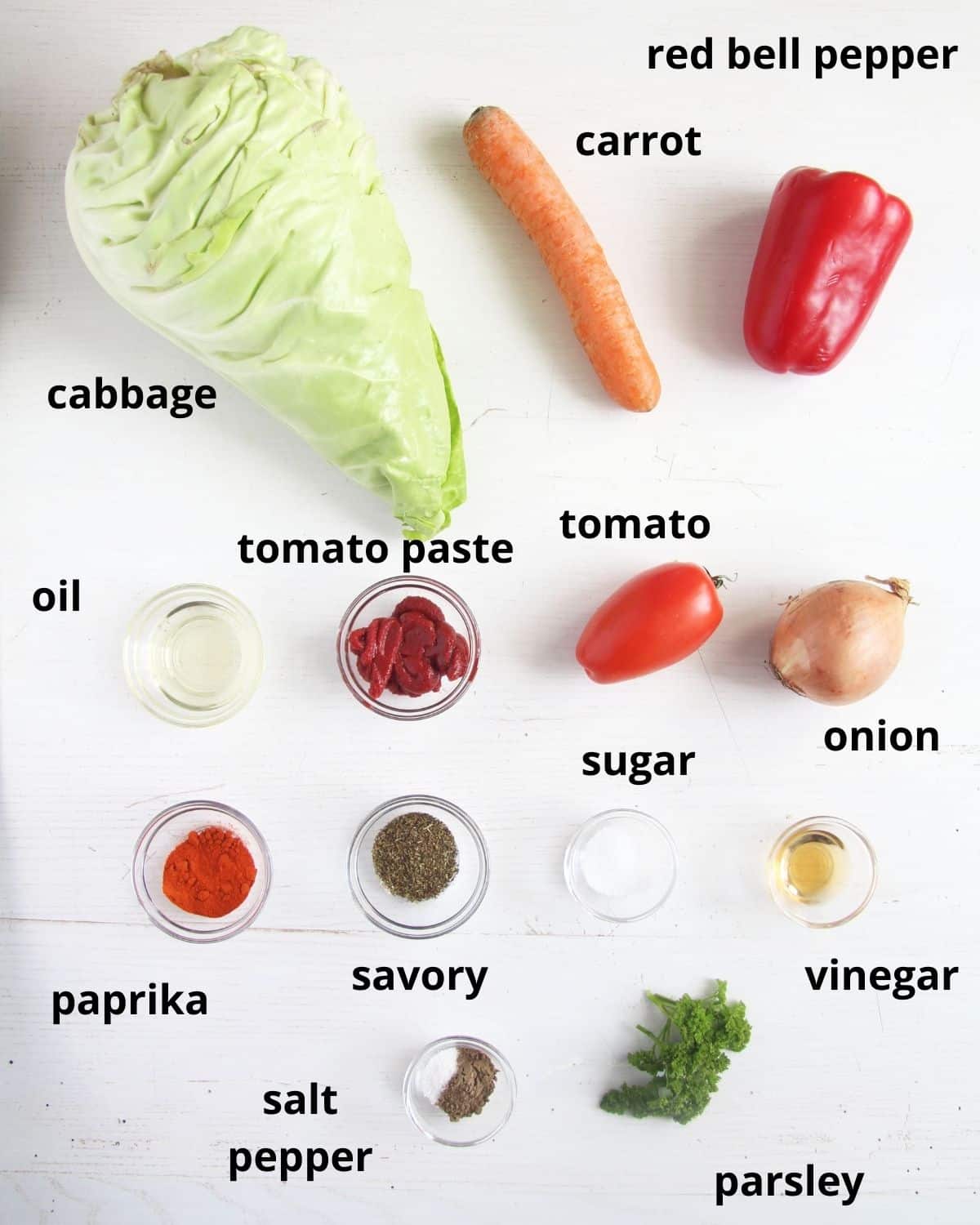 listed ingredients for making cabbage stew. 