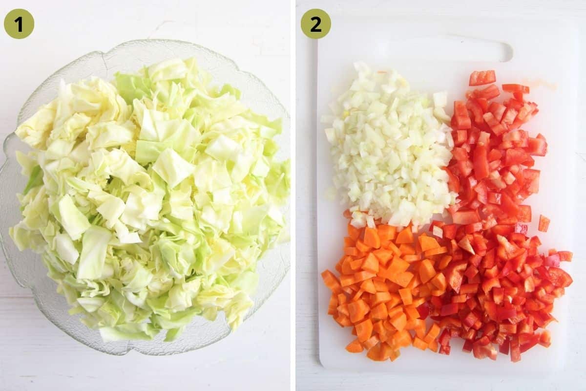 collage of two pictures of chopped cabbage, chopped onions, peppers, carrots.