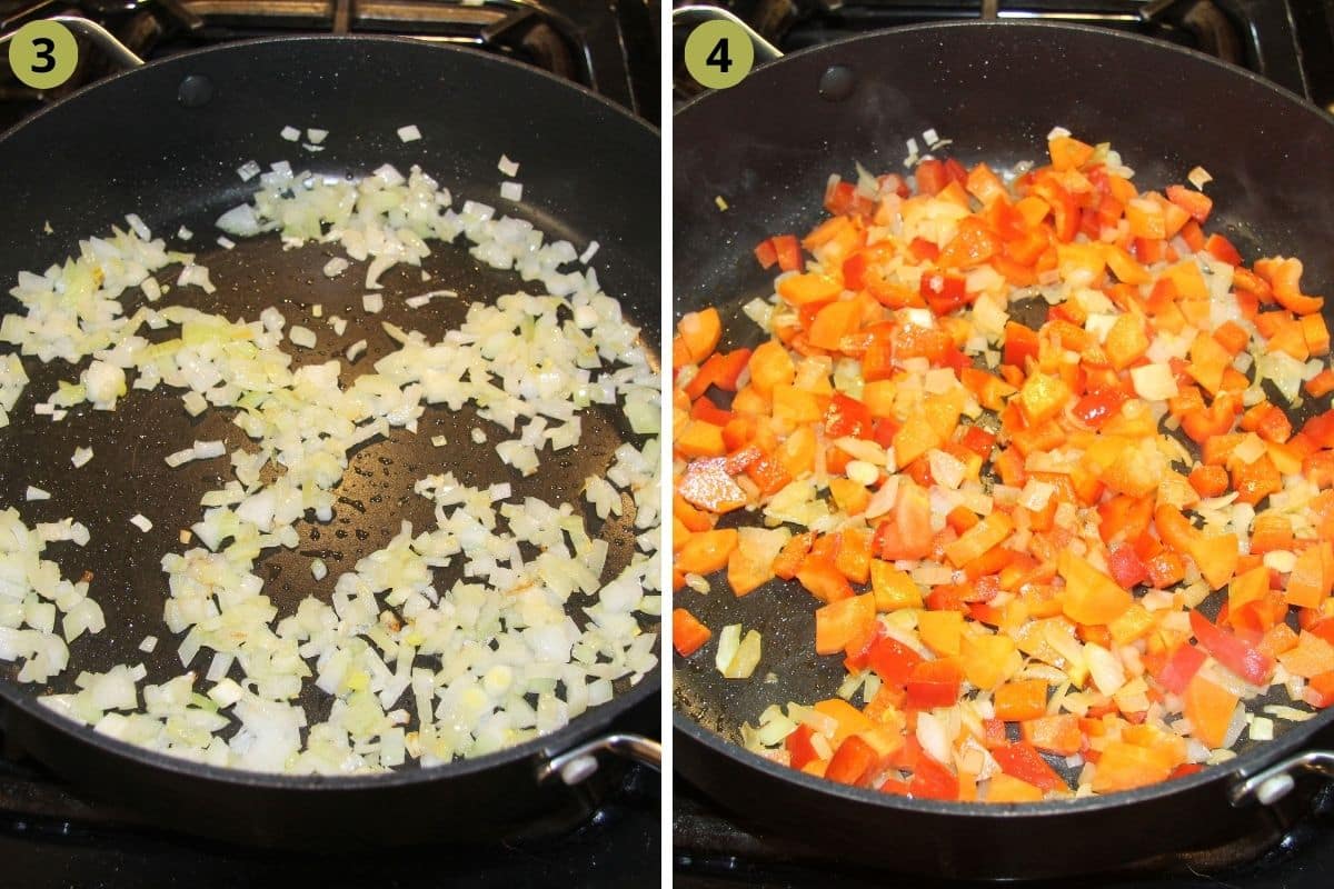 collage of two pictures of frying onions and then adding peppers and carrots.