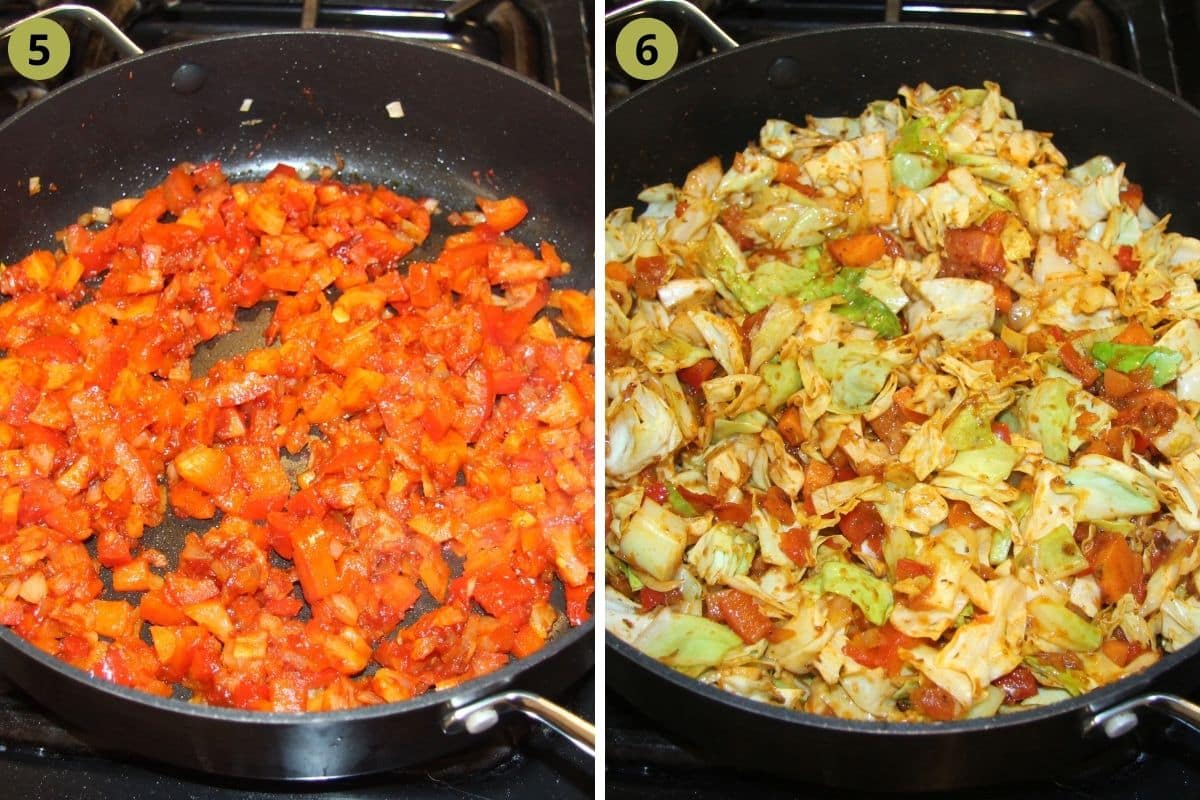 collage of two pictures of cooked peppers and then cabbage.