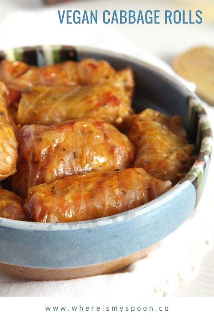 cabbage rolls with sauerkraut in a blue bowl