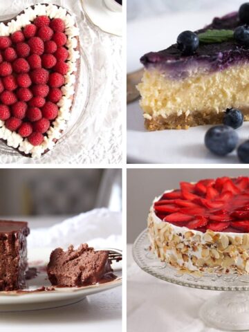 four cheesecakes for mothers day strawberry blueberry raspberry chocolate cakes collage of four pictures.