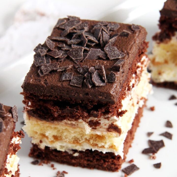 chocolate vanilla cake piece close up