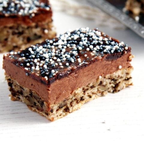 walnut chocolate cake sliced on the table