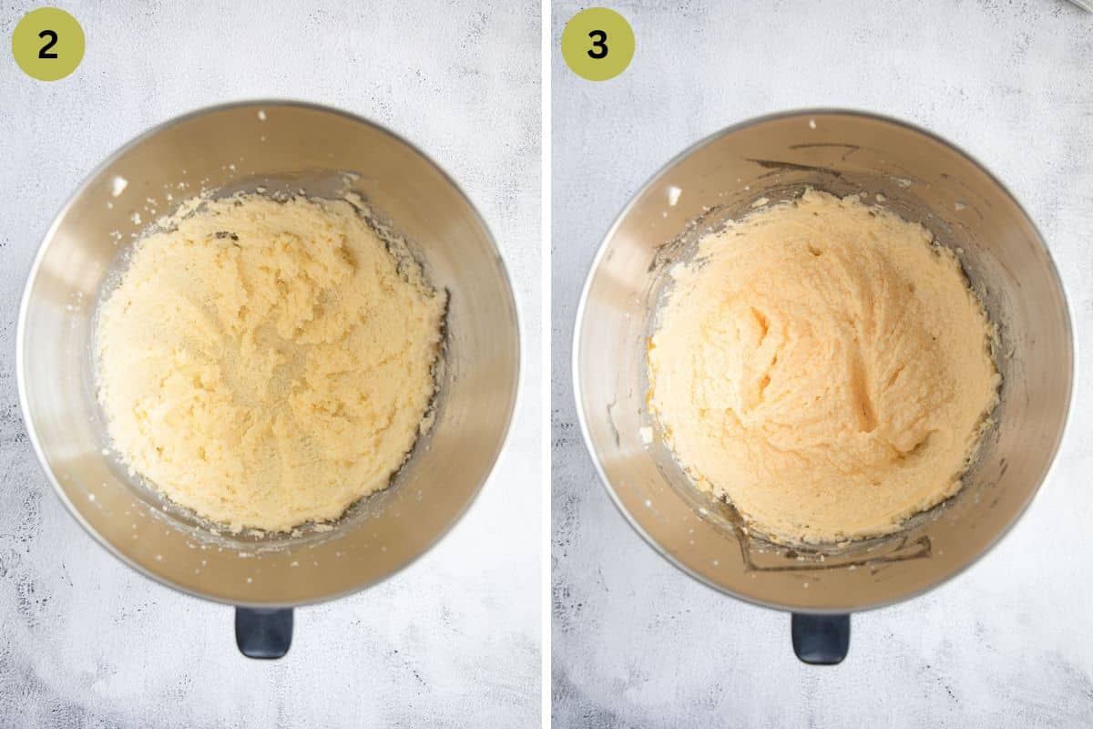 collage of two pictures of beating butter with sugar and adding eggs.