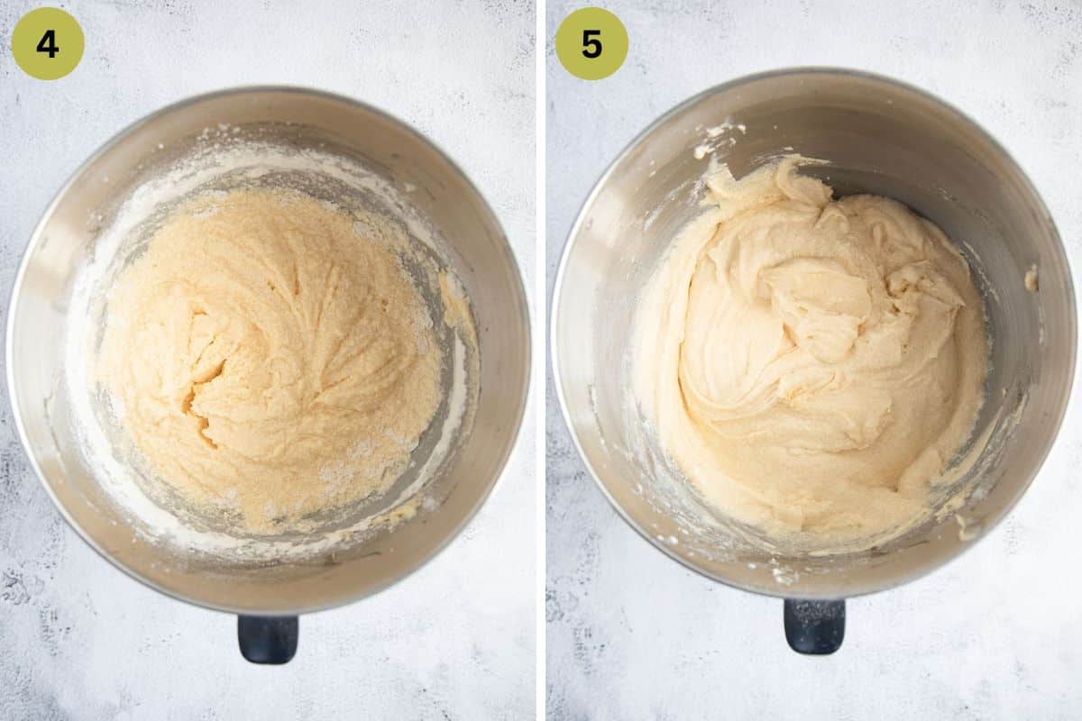 collage of two pictures of making batter for cake in a bowl.
