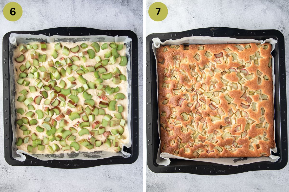 collage of two pictures of rhubarb cake before and after baking.