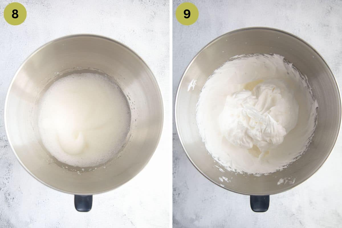 collage of two pictures of making meringue in a large bowl.