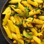 pinterest image with the title turmeric pasta.