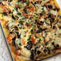 polenta cheese and mushroom bake overview shot of the baking dish