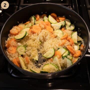 adding zucchini and carrots to a pot with uncooked rice.