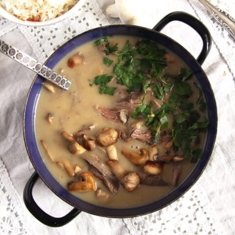 fricassee made with leftover chicken or turkey in a small pot