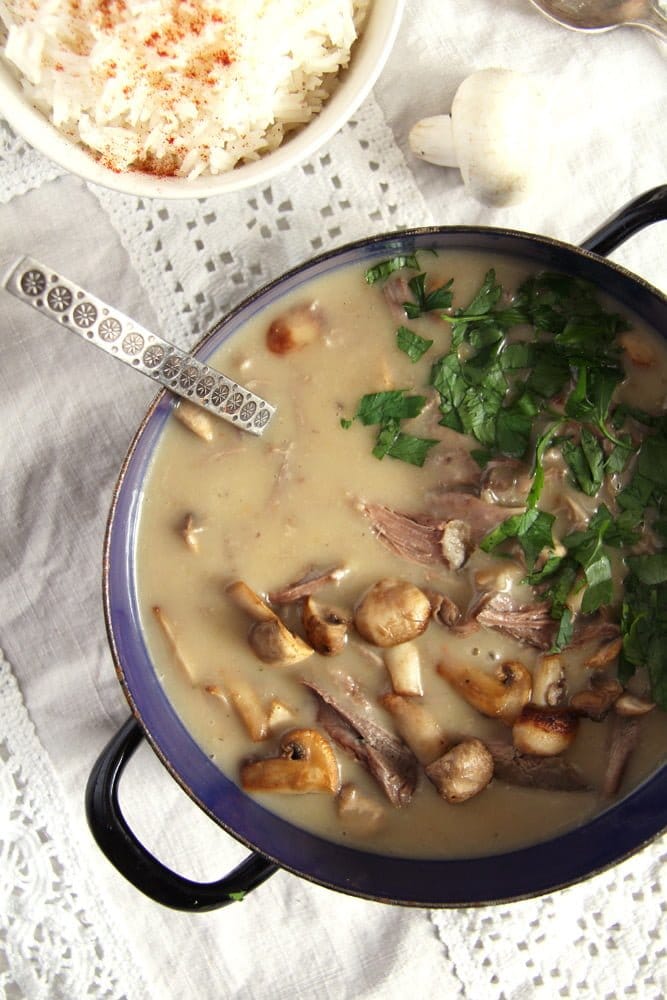 fricassee with leftover turkey and fried mushrooms