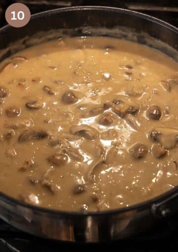 turkey fricassee with turkey and mushrooms in a large saucepan.