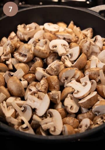mushrooms in a large pan after sauteing.