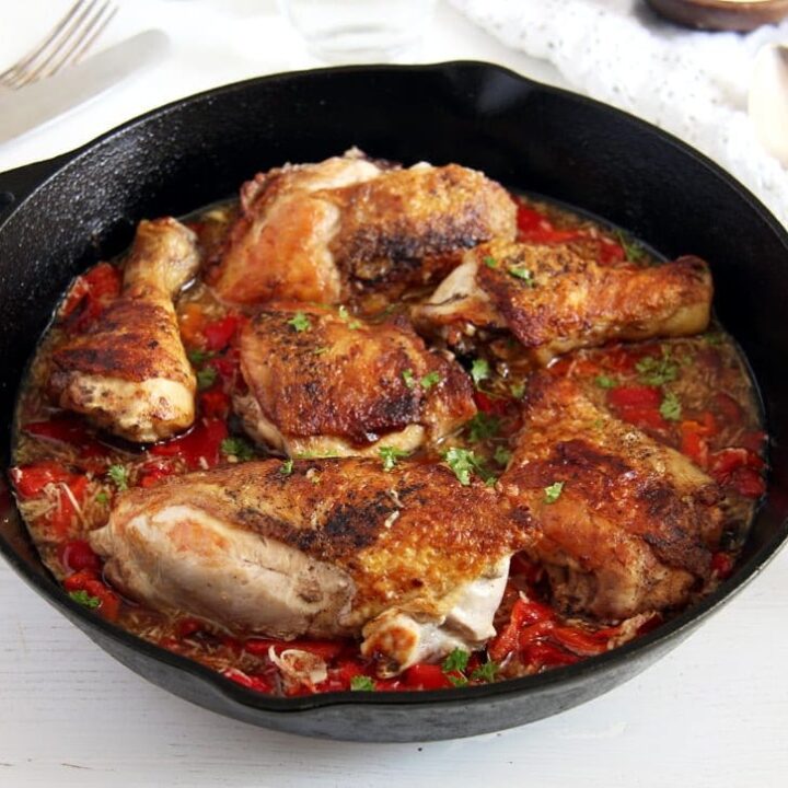 gypsy chicken cooked in cast iron skillet