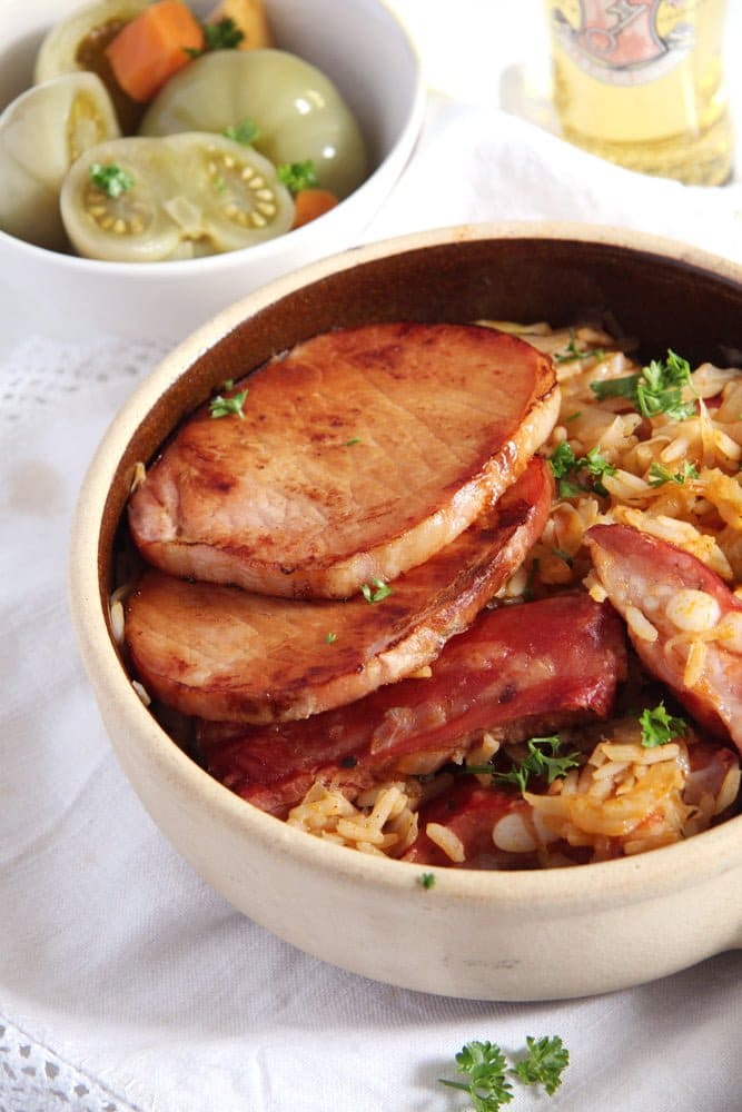 gypsy stew with pork chops, ribs, rice and cabbage