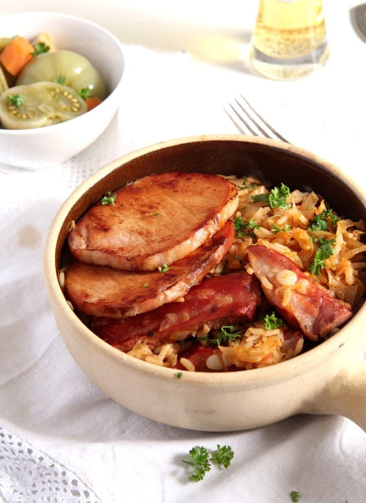 gypsy stew with pork chops, ribs, rice and cabbage