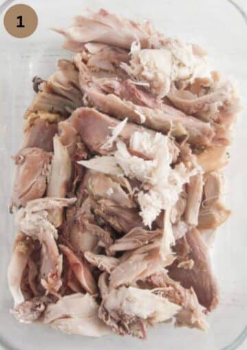 pieces of shredded cooked turkey meat.
