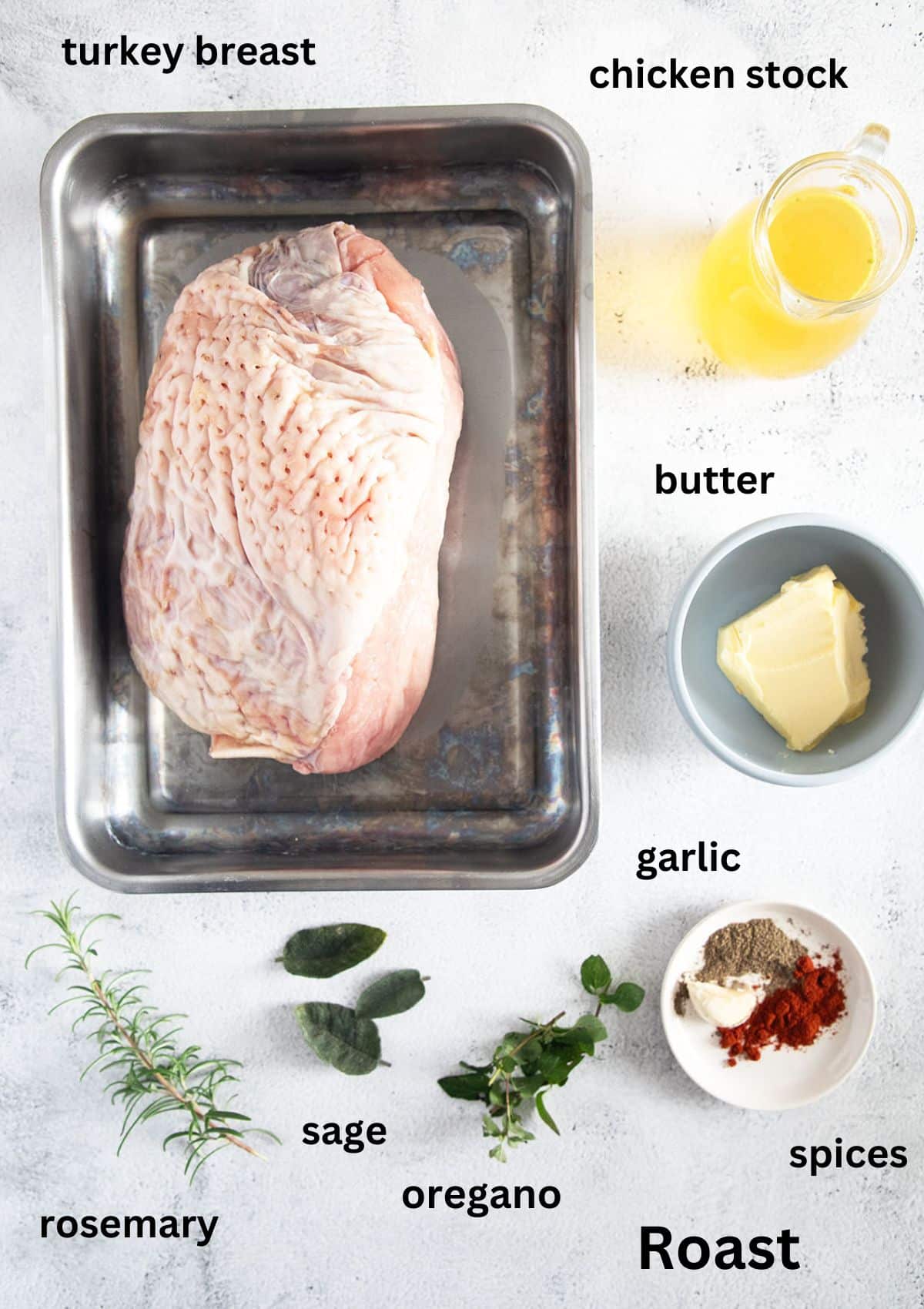 listed ingredients for roasting turkey breast with herbed butter and chicken broth.