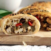 vegetable strudel with turkey showing the filling.