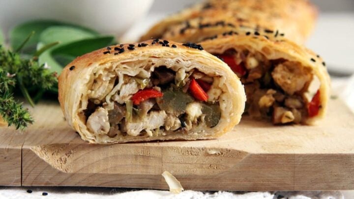 vegetable strudel with turkey showing the filling.