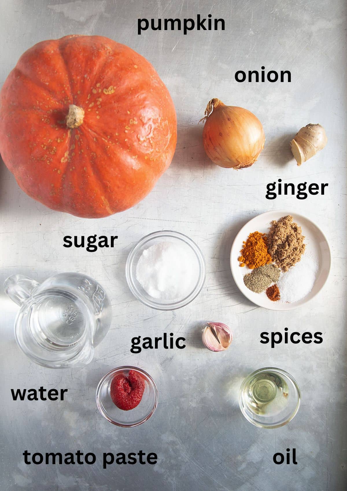 labeled ingredients for stewing pumpkin with spices, sugar, and onion.