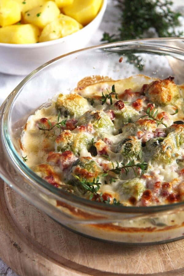 Easy Brussels Sprouts Bake with Bacon and Cheese Sauce