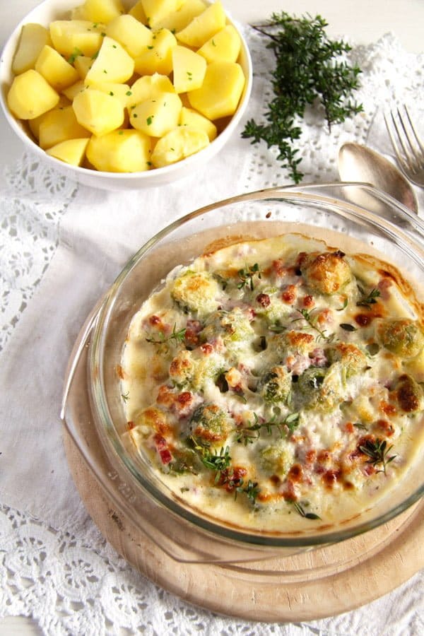 Cheesy Bacon Brussels Sprouts Casserole with Parmesan