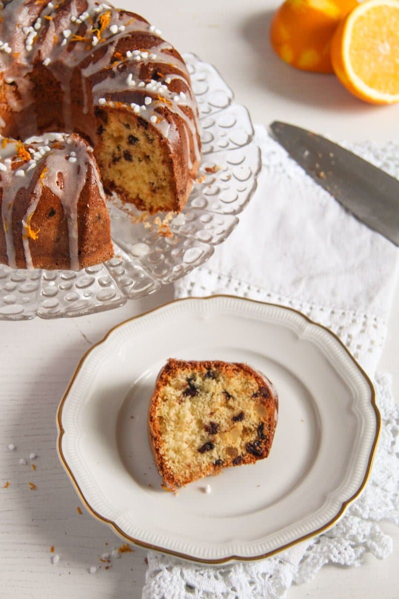 Orange Bundt Cake with Chocolate, Raisins and Almonds