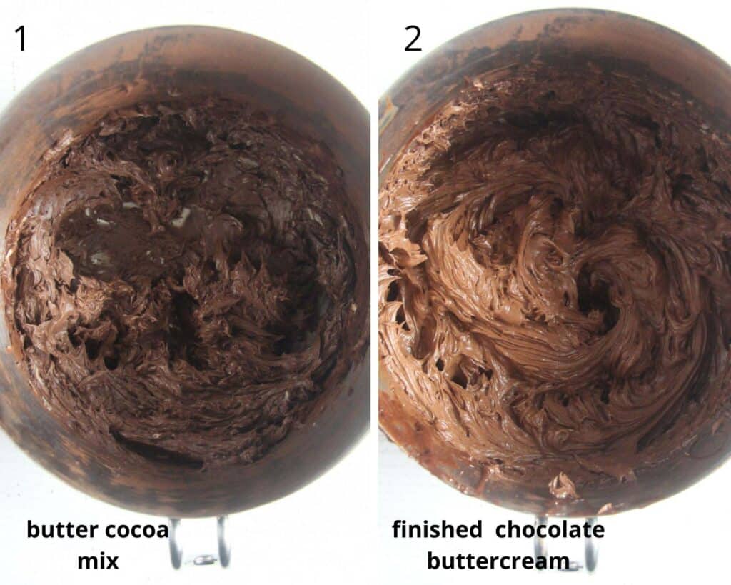 collage of two pictures of making chocolate buttercream in a bowl.