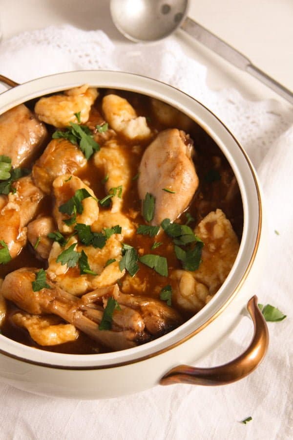 hungarian paprikash with nokedli in a vintage bowl.