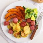 Roasted Potatoes Pumpkin and Sausage Sheet Pan Dinner kürbis wurst 150x150 Roasted Potatoes, Pumpkin and Sausage Sheet Pan Dinner
