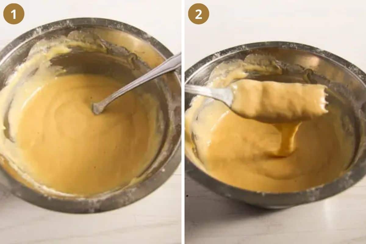 collage of two pictures of dumpling batter showing how the consistency should be.