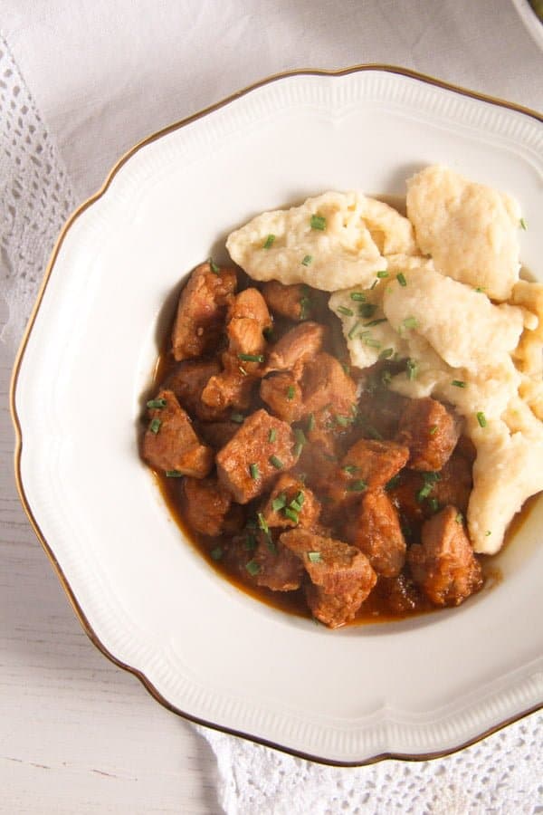 hungarian pörkölt with nokedli - pork stew with dumplings