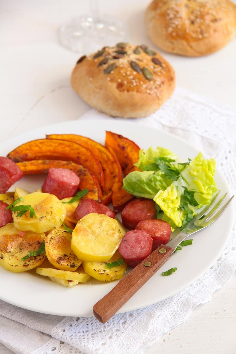 Roasted Potatoes Pumpkin and Sausage Sheet Pan Dinner