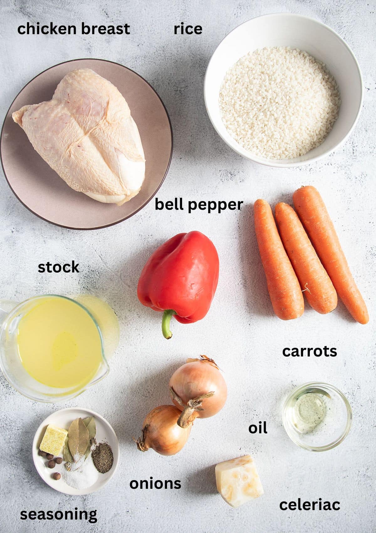 labeled ingredients for making romanian pilaf with rice, chicken breast, carrots, pepper, stock. onions, and seasoning.