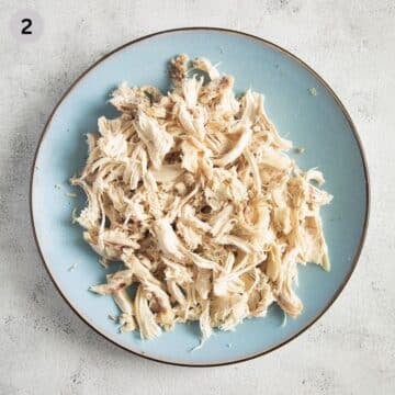 cooked, shredded chicken breast on a small plate.