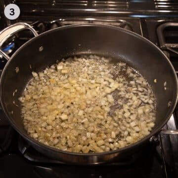 chopped onions sauteing in a large saucepan.